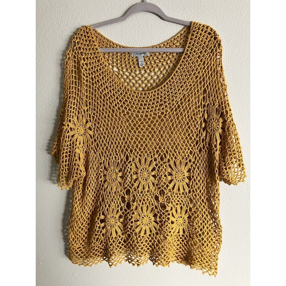 Vtg Dressbarn Yellow Golden Crochet Top Flower Short Sleeve Boho Hippie 3X
